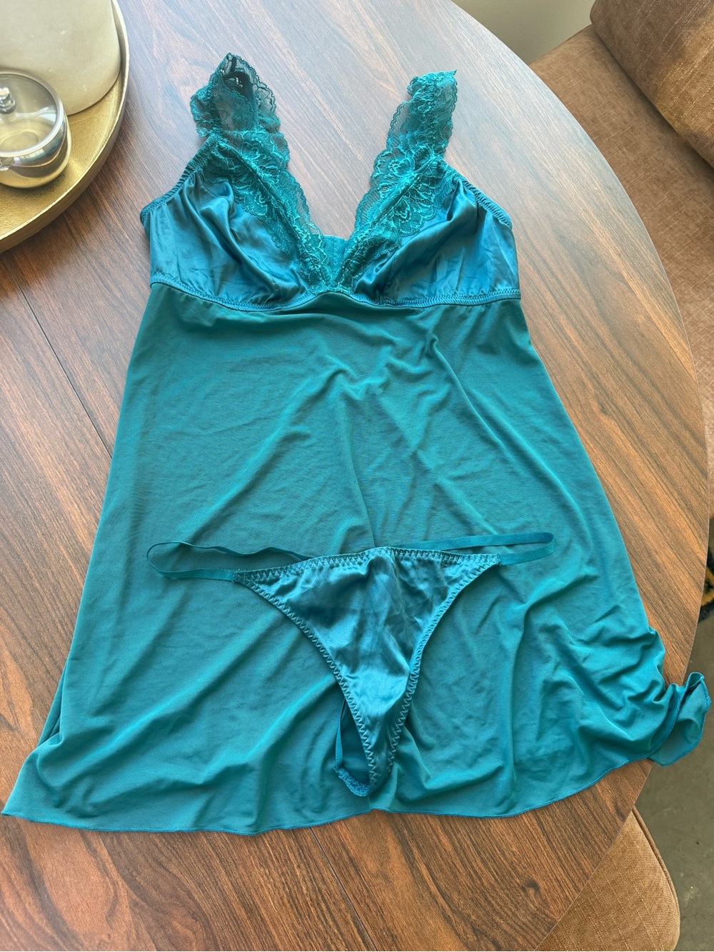 Auden Teal Lace-Trim Satin Chemise with Matching Thong